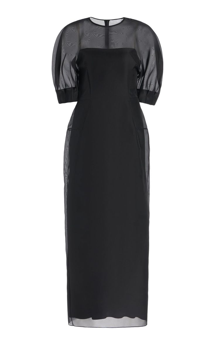 Coretta Sheer Dress with Slip in Black Silk Organza Elegant Sheer Midi Dress With Fitted Bodice, Formal Sheer Organza Midi Dress, Fitted Organza Dress With Sheer Back, Organza Midi Dress With Sheer Bodice For Evening, Fitted Organza Midi Dress For Evening, Fitted Silk Midi Dress With Sheer Sleeves, Sheer Silk Midi Dress For Formal Occasions, Silk Midi Dress With Sheer Sleeves, Formal Sheer Dress With Fitted Bodice