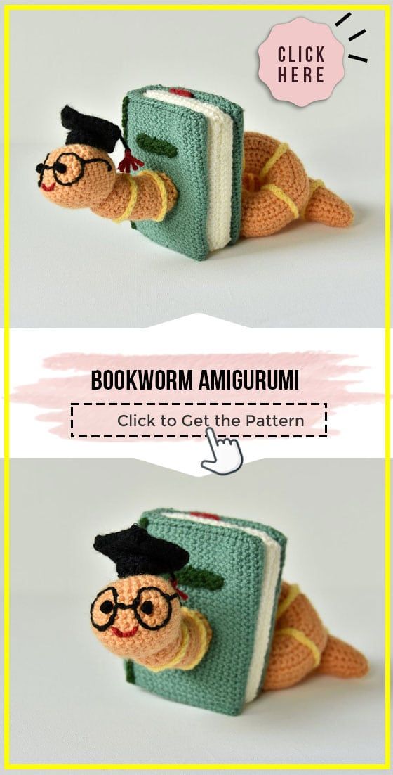 two pictures showing how to crochet an amigurmi book with glasses and a hat