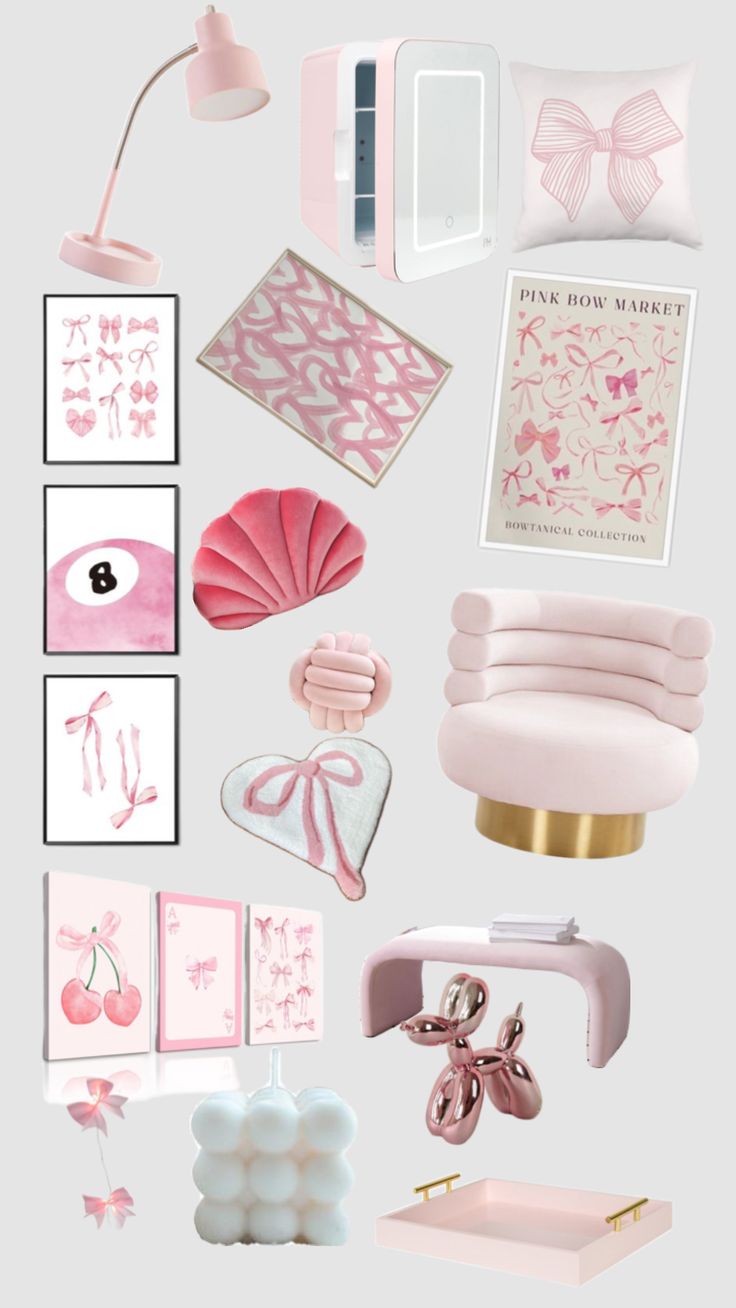 pink and white items are arranged in the shape of a collage on a gray background