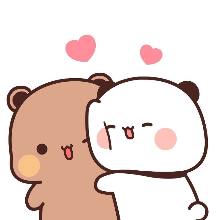 two bears hugging each other with hearts above them