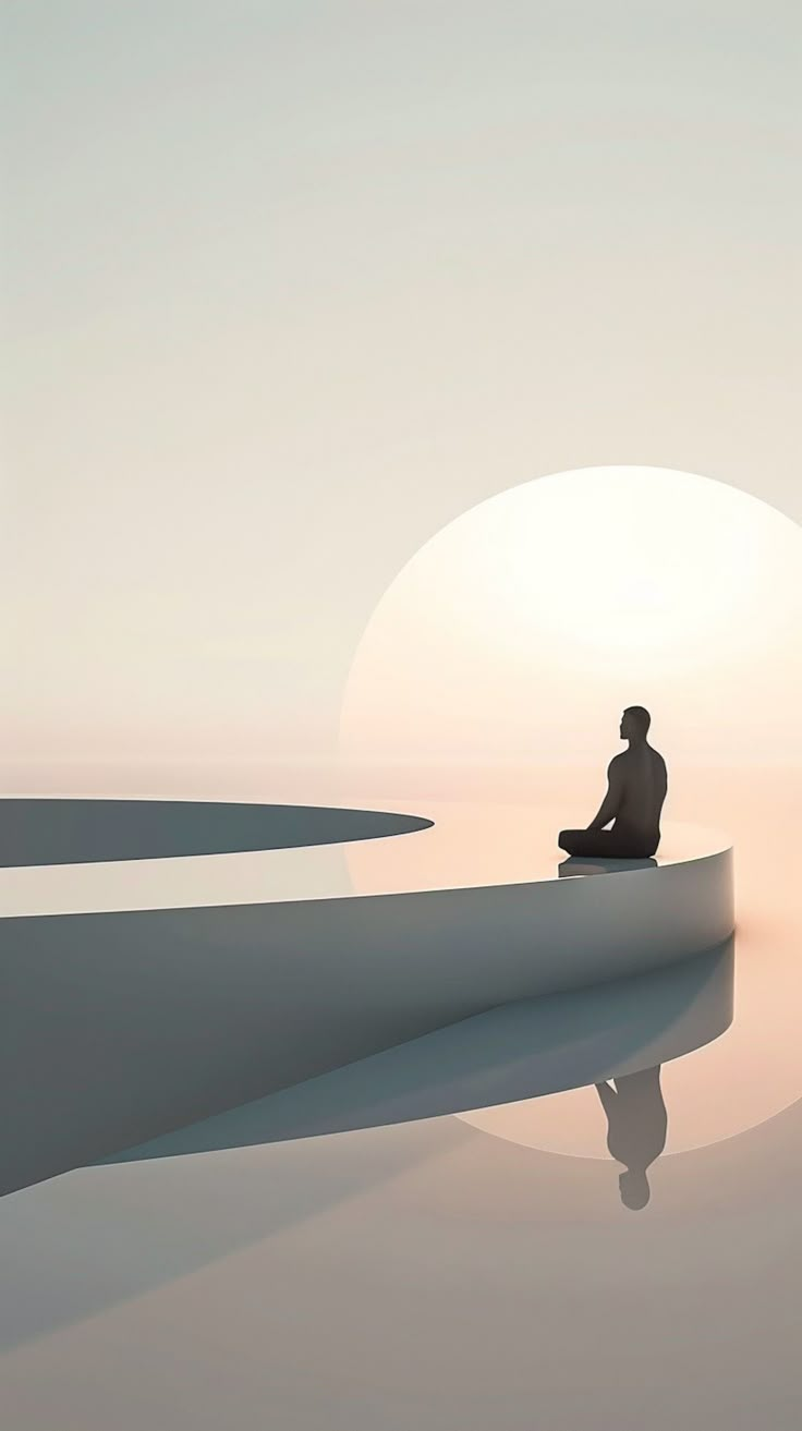 a man is sitting on the edge of a body of water as the sun sets