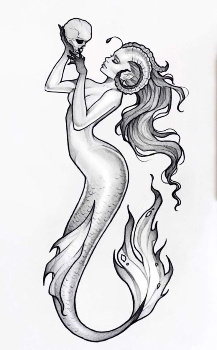 a drawing of a mermaid holding a skull