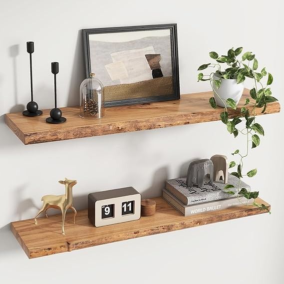 two wooden shelves with various items on them