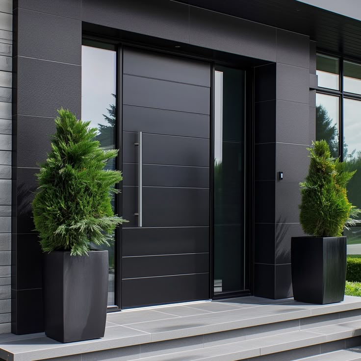 two large planters are on the steps in front of a modern door