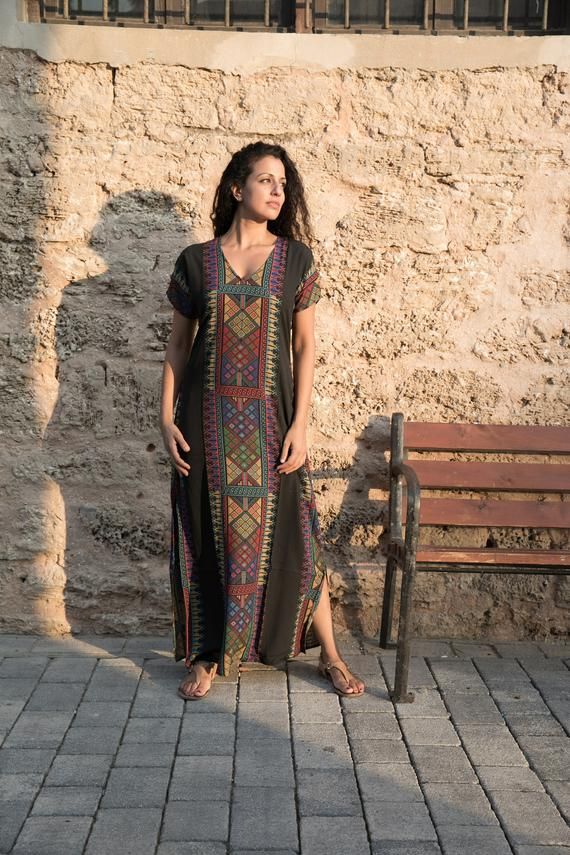 Folk Style Boho Print Maxi Dress, Folk Style Boho Maxi Dress With Boho Print, Bohemian Embroidered Maxi-length Abaya, Bohemian Embroidered Maxi Length Abaya, Bohemian Long Abaya, Folk Style V-neck Maxi Dress For Festivals, Bohemian Maxi-length Abaya, Bohemian Black Maxi Length Thobe, Bohemian Maxi Length Abaya