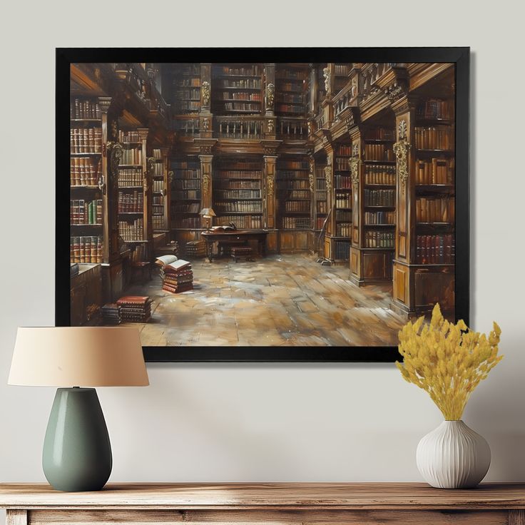 a painting of a library with bookshelves in the background and a lamp next to it