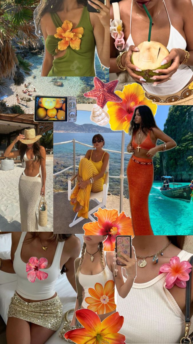 a collage of photos with women in swimsuits and flowers on the beach