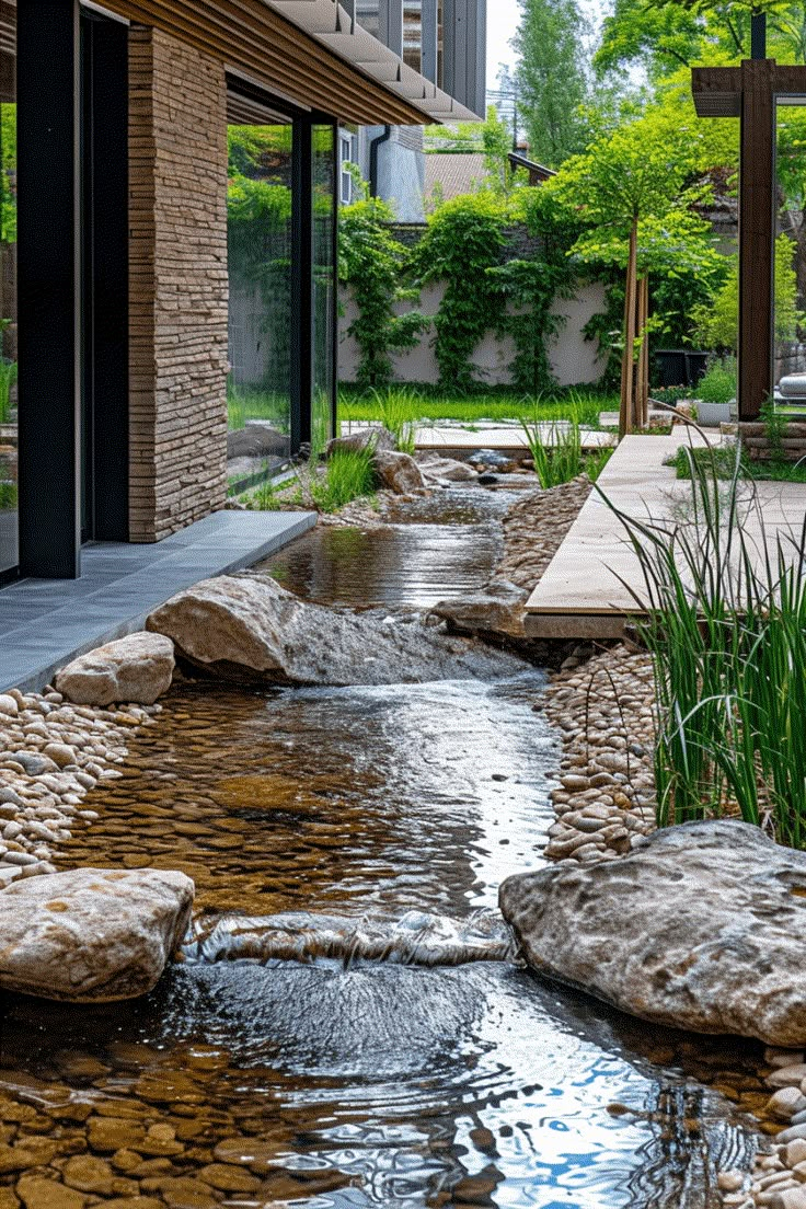 a small stream running through a lush green yard next to a building with glass doors