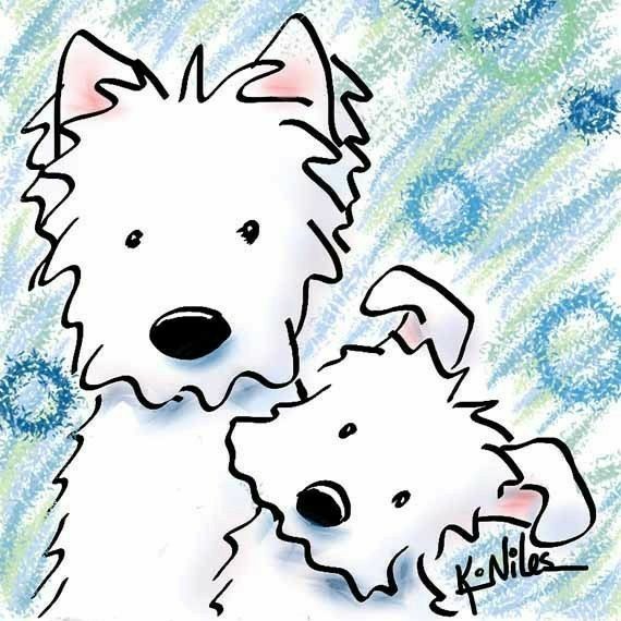 a drawing of two white dogs on a blue and green background