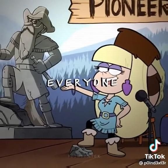 a cartoon character is standing in front of a statue with the words pioneers on it