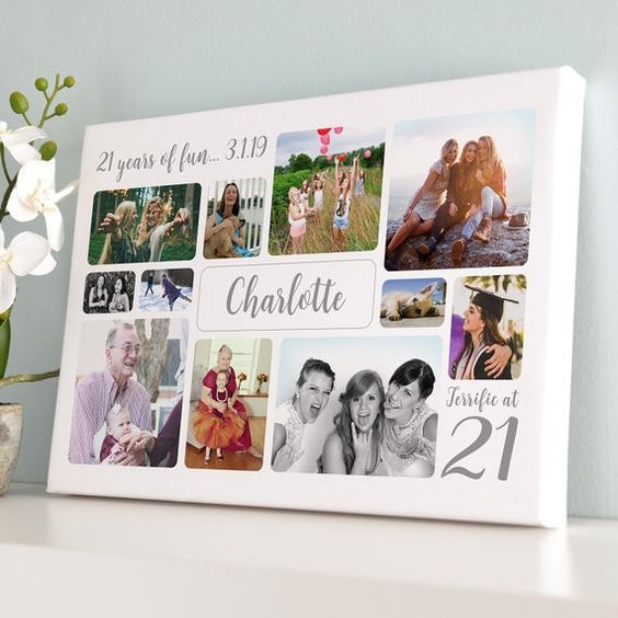 a family photo collage is displayed on a shelf next to a vase with flowers