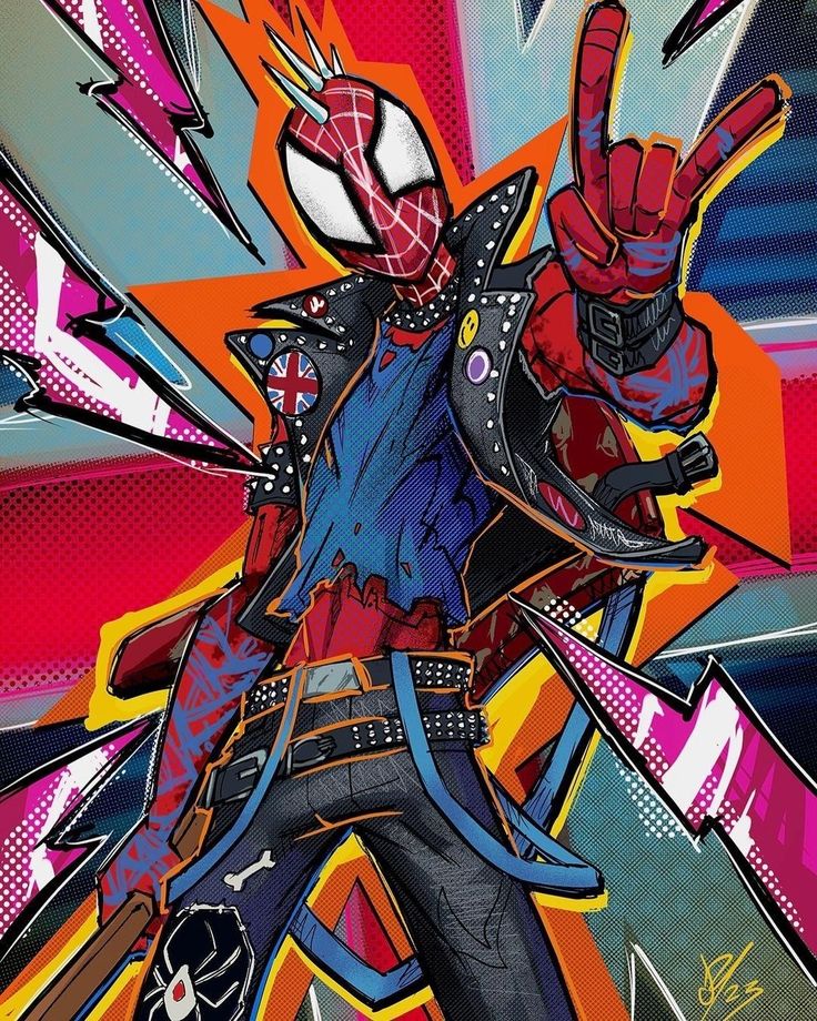 a painting of a person with a spiderman mask on and one hand in the air