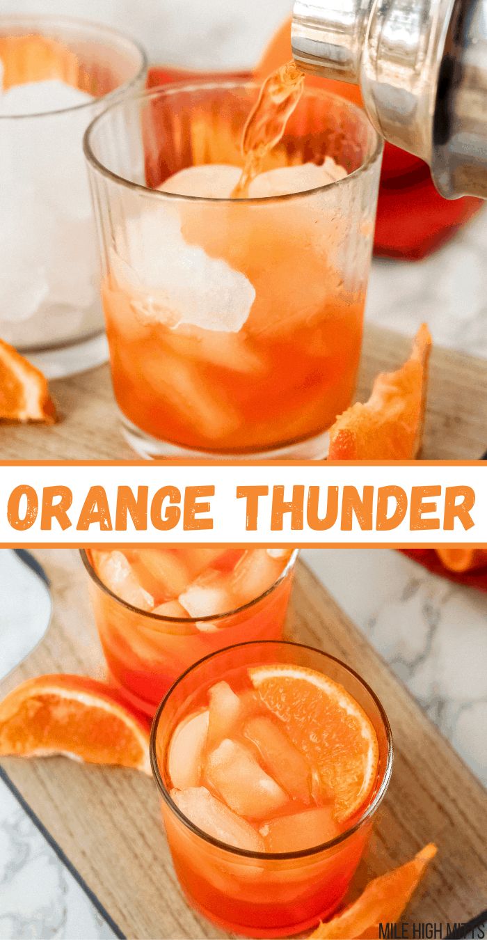 an orange drink is being poured into two glasses with ice and garnishes