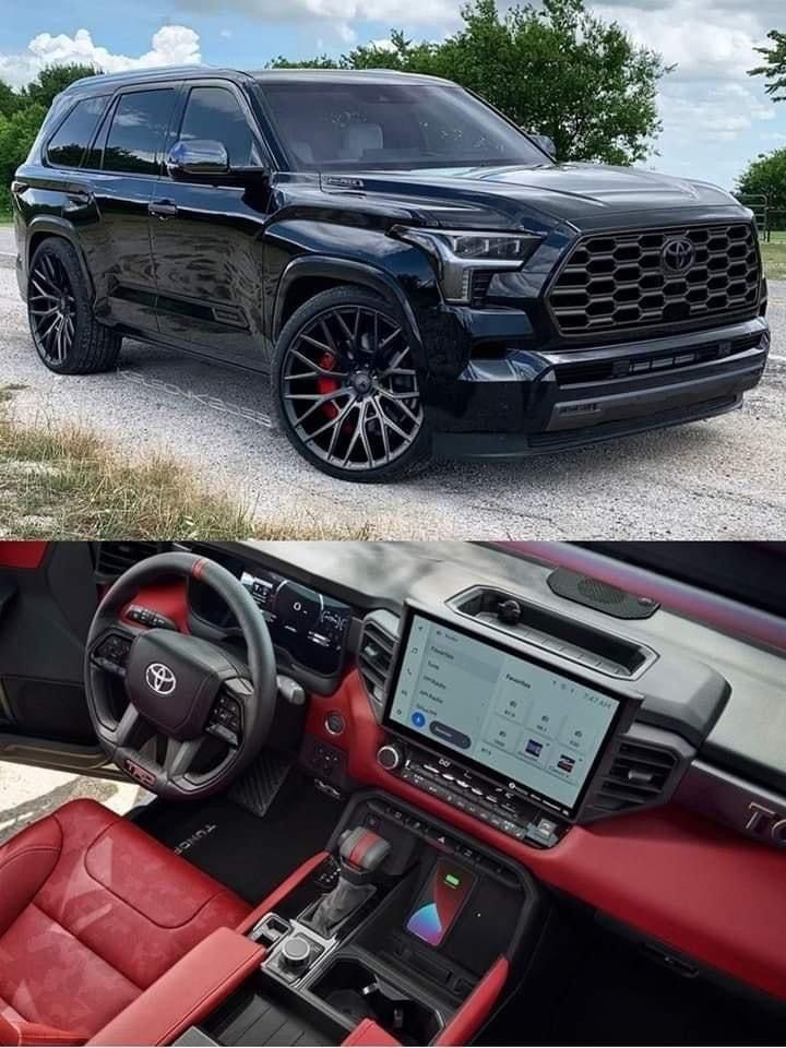 the inside and outside view of a black suv with red leather seats, steering wheel