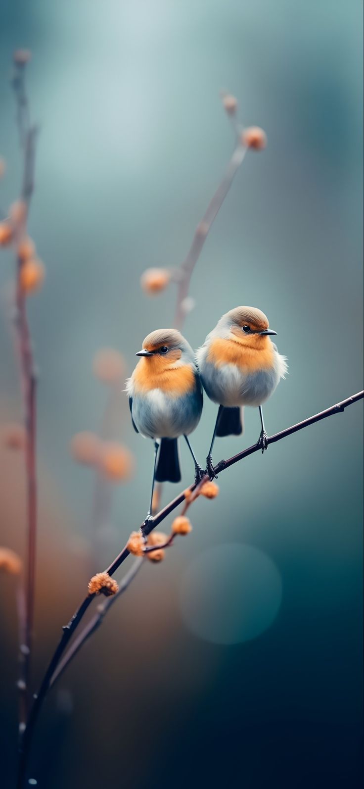 two small birds sitting on top of a tree branch