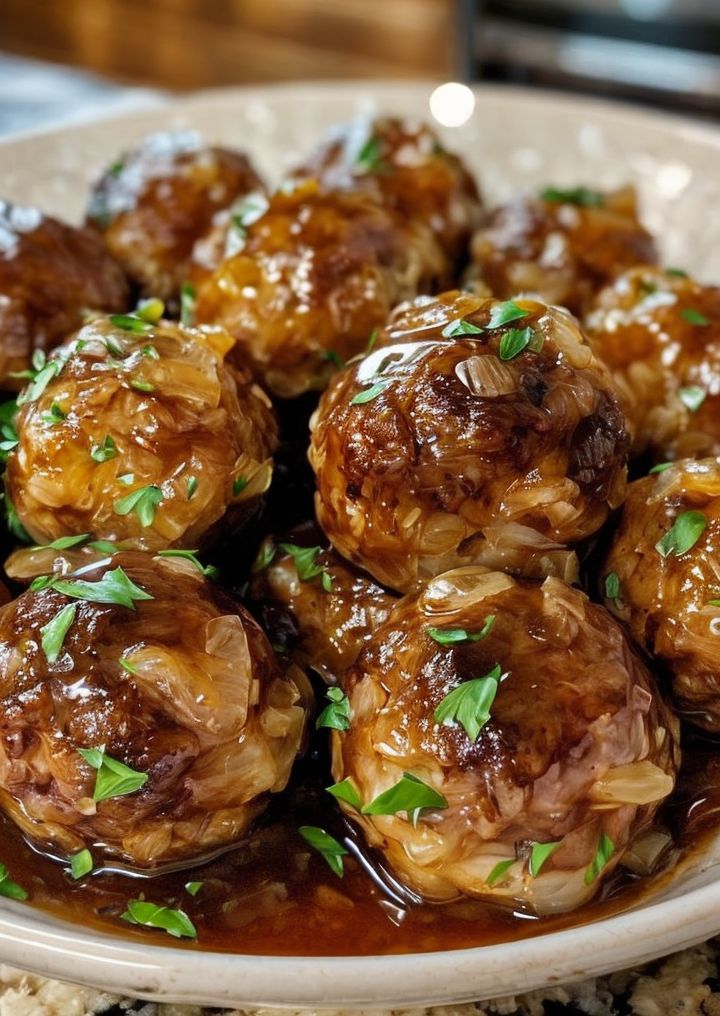 a white plate topped with meatballs covered in sauce and garnished with parsley