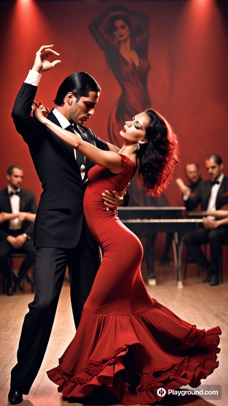 a man and woman in formal wear dancing on a dance floor with red lighting behind them