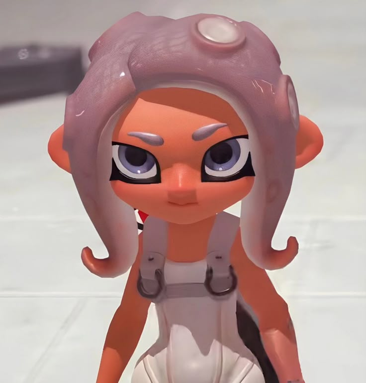 a cartoon character with big eyes and an ear ring on her head, standing in front of a white tile floor