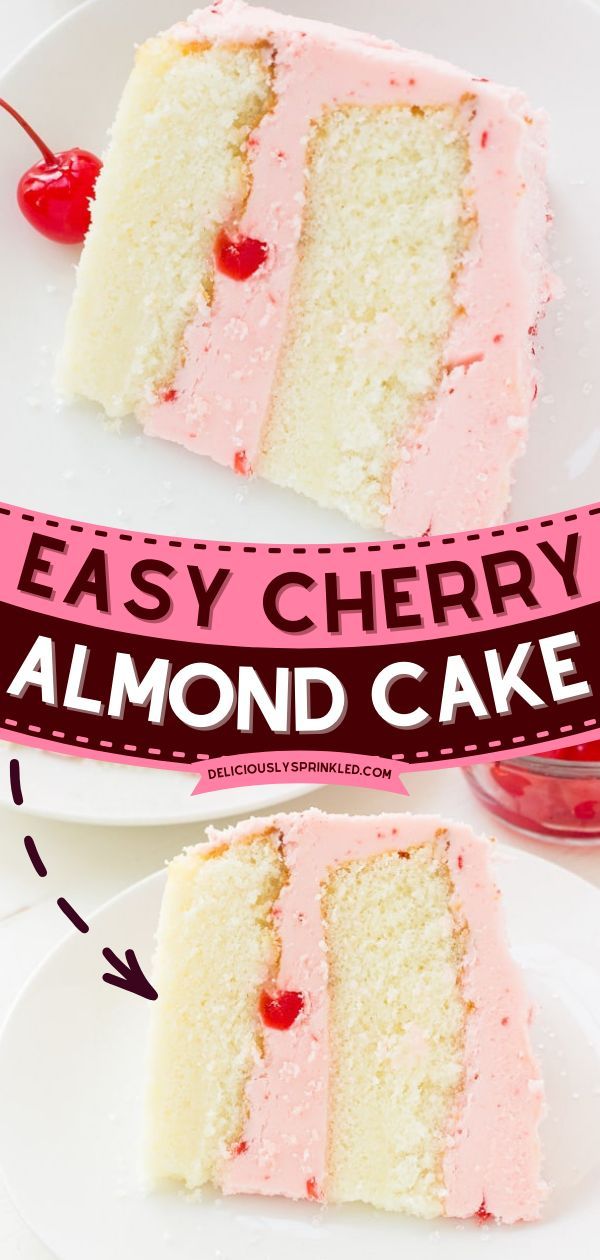 Cherry Almond Cake, cake recipes, easy desserts, sweet treats Cherry Buttercream Frosting, Almond Layer Cake, Cherry Almond Cake, Cherry Buttercream, Cherry And Almond Cake, Cherry Frosting, Cherry Cake Recipe, Valentines Cake, Cherry Delight