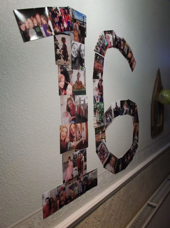 the number 50 made out of photos is displayed on a wall with other pictures and magnets