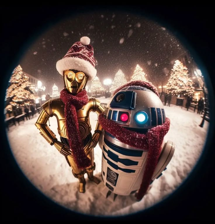 a star wars robot and r2d2 in the snow