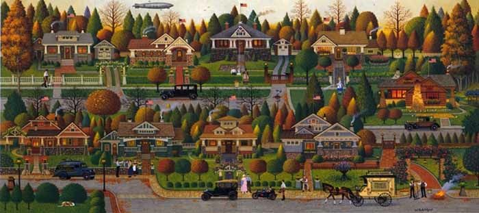 a painting of a city with lots of houses and trees