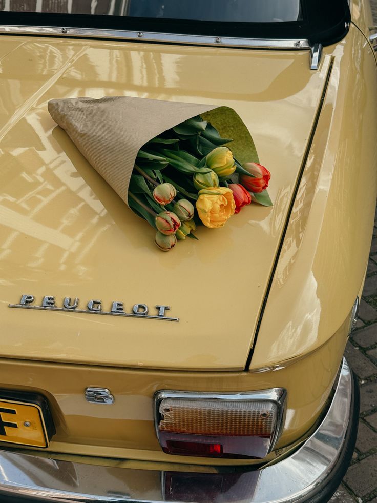 Flowers on car Yellow Things Aesthetic, Vintage Car With Flowers, Old Summer Aesthetic, Old Cars Aesthetic, Cars And Flowers, Vintage Cars Aesthetic, Vintage Car Photography, Cars Flowers, Flower Car