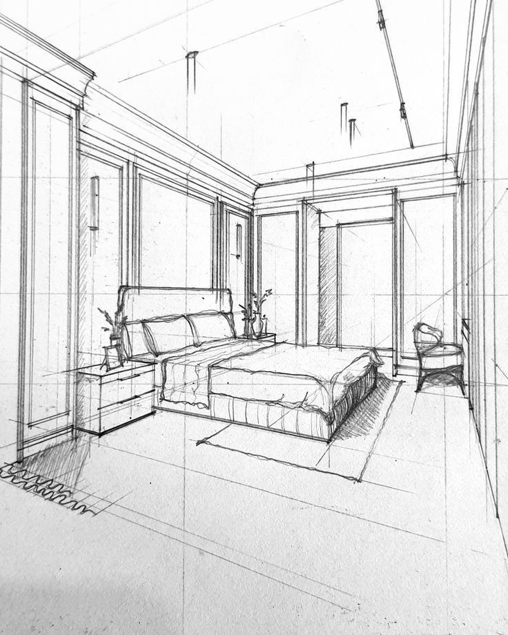 a drawing of a bedroom with a bed and dresser