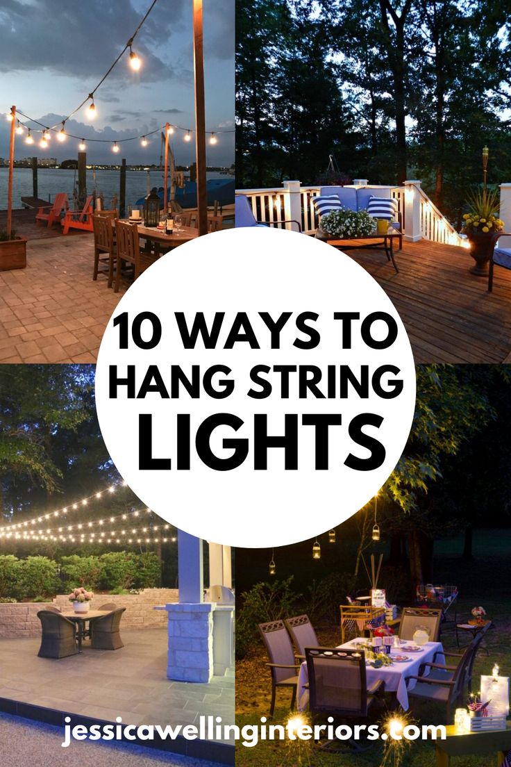 Hang string lights in over your patio or deck with these simple step by step tutorials- whether you need to attach them to a building, make your own posts, or hang them from a tree, we've got you covered! Outdoor string lights are wildly popular, and for good reason! They feel magical and bring a warm, intimate ambiance to any party or outdoor living space. Inexpensive, simple for the average person to DIY, relatively easy to put up and take down with the seasons, and the list goes on. Porch String Lights, Hanging Patio Lights, Backyard String Lights, Outdoor String Lights Patio, Diy String Lights, Hanging String Lights, Patio String Lights, Light Ideas, Patio Diy