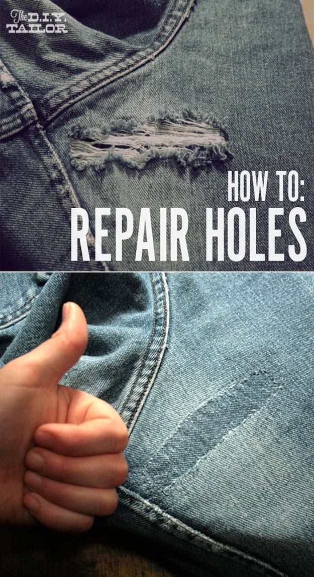 a pair of ripped jeans with the words repair holes on them, and an image of someone