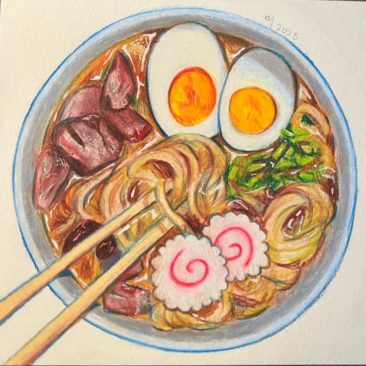 a drawing of food in a bowl with chopsticks and an egg on top