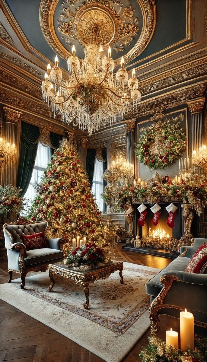 a living room decorated for christmas with a fireplace and chandelier in the corner