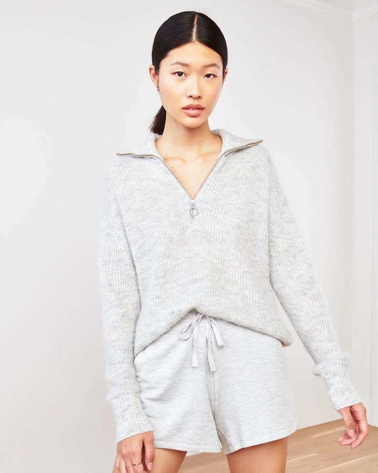 Made from the softest alpaca, this alpaca quarter zip sweater features a relaxed look and a cropped design, with a lightweight yet warm feel. It's long lasting and resistant to pilling. | Quince | Women's Alpaca Quarter Zip Sweaters in Light Grey, Size XS Dongguan China, Cotton Sweaters, Duster Cardigan Sweater, Tan Woman, Alpaca Sweater, Sweater Fits, Quarter Zip Sweater, 12 Gauge, Wool Turtleneck