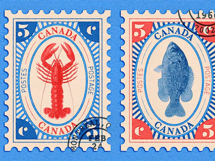 two postage stamps with lobsters and fish on them, one is blue and the other is red