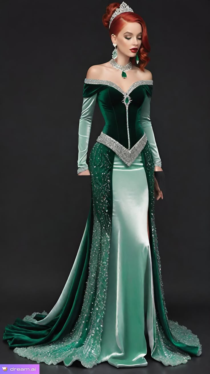 Dnd Masquerade Ball, Dragon Dress Fantasy Gowns, Dnd Masquerade, Magical Dresses Fairytale, Emerald Ball Gown, Royal Witch, Asgardian Dress, Witch Attire, Fae Costume