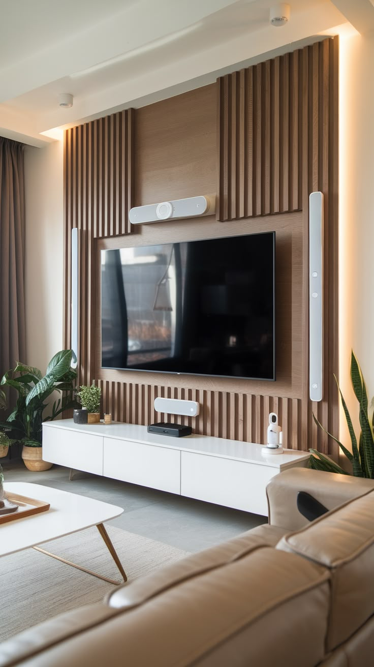 a living room with couches and a flat screen tv mounted to the side of a wall