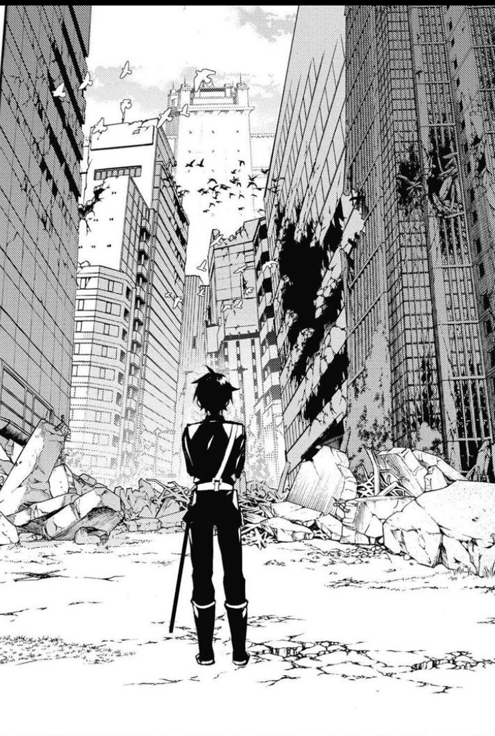 an anime character standing in the middle of a city with tall buildings and birds flying overhead