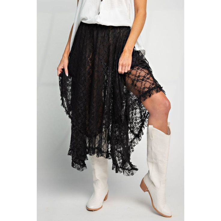 Sweet Nothings Lace Handkerchief Skirt in Black It's giving edgy boho cowgirl and we are here for it! This sheer lace skirt goes perfectly with all your Western boots and adds a feminine flair to your look! We love this paired with black shortie shorts for more coverage!  Item Deets: Elasticized waistband Handkerchief hem Double layered mesh Ruffled edges Embroidered detail throughout Loose fit and flowy Sheer fabrication Small measurements : length - 29" waist - 13.25" Stretchy waist! Size Chart Small: 2-6 Medium: 6-10 Large: 10-14 Shop all your favs + all the new at shoppoppyandseed.com + receive 15% off your first order! ❤ Return Policy: Even Exchange or Store Credit only within 7 days of delivery. Chic Lace Asymmetrical Skirt, Asymmetrical Lace Flowy Skirt, Bohemian Asymmetrical Skirt For Fall, Bohemian Fall Party Skirt, Summer Asymmetrical Lace Skirt, Summer Lace Asymmetrical Skirt, Bohemian Skirt With Lace Trim, Bohemian Flowy Skirt Bottoms With Lace Trim, Asymmetrical Skirt With Lace Trim For Summer