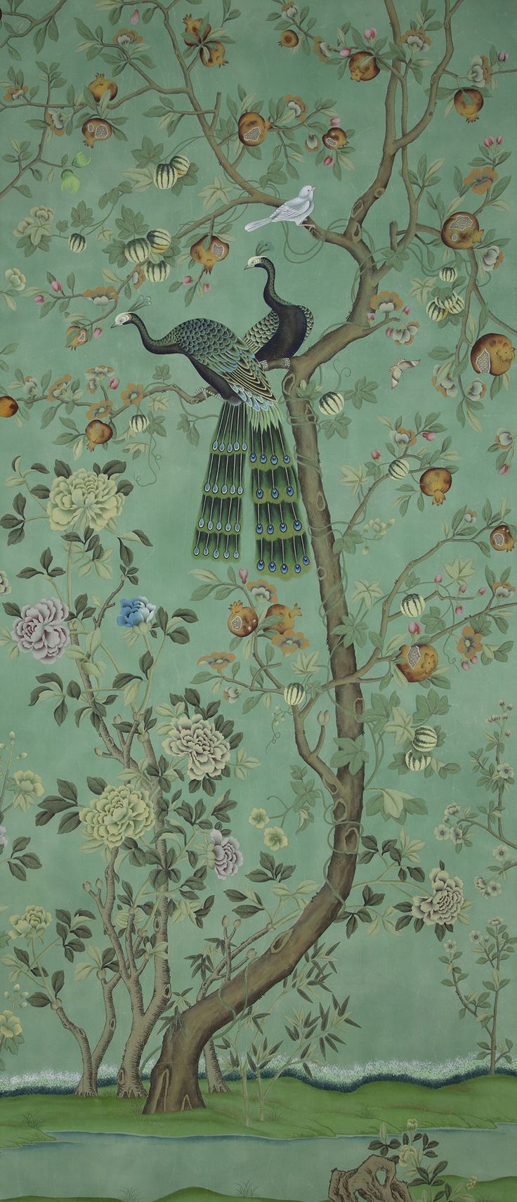 the peacocks are perched on the tree branches in this wallpapered mural, which is part of an exhibit at the museum