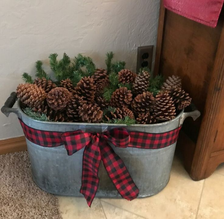 a metal bucket filled with pine cones on top of a carpeted floor next to a wooden door