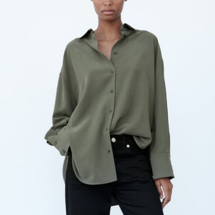 New Modal Blouse Chic Oversized Collared Blouse, Oversized Green Blouse For Day Out, Oversized Chic Collared Shirt, Chic Oversized Long Sleeve Blouse, Chic Oversized Blouse, Chic Green Shirt For Daywear, Elegant Oversized Shirt For Day Out, Zara Long Sleeve Blouse For Daywear, Oversized Green Chic Top