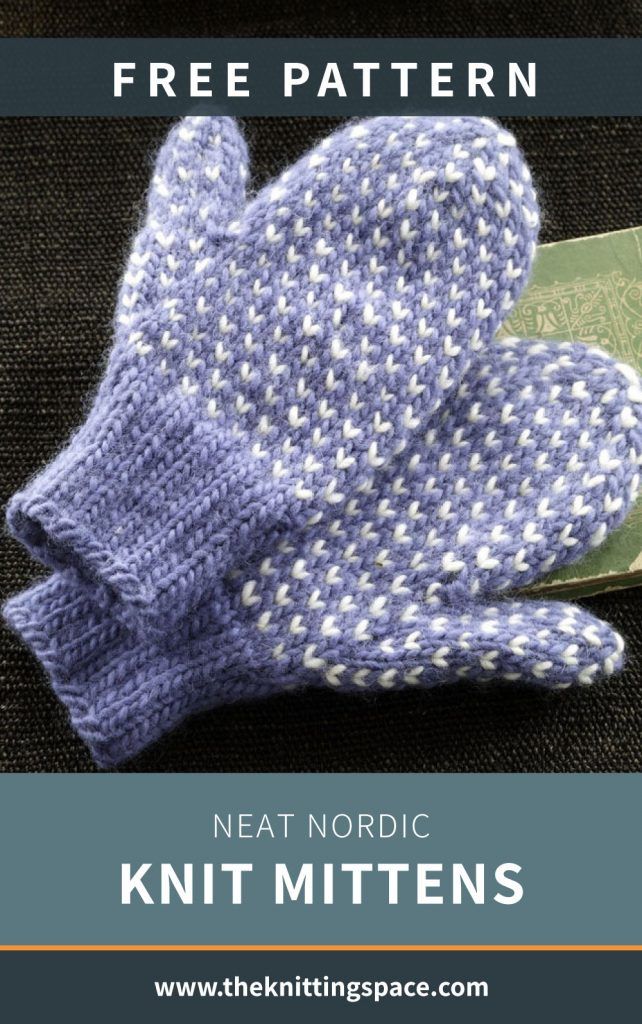 a knitted mitten sitting on top of a piece of cloth with text overlay that reads, free pattern neat nordic knits