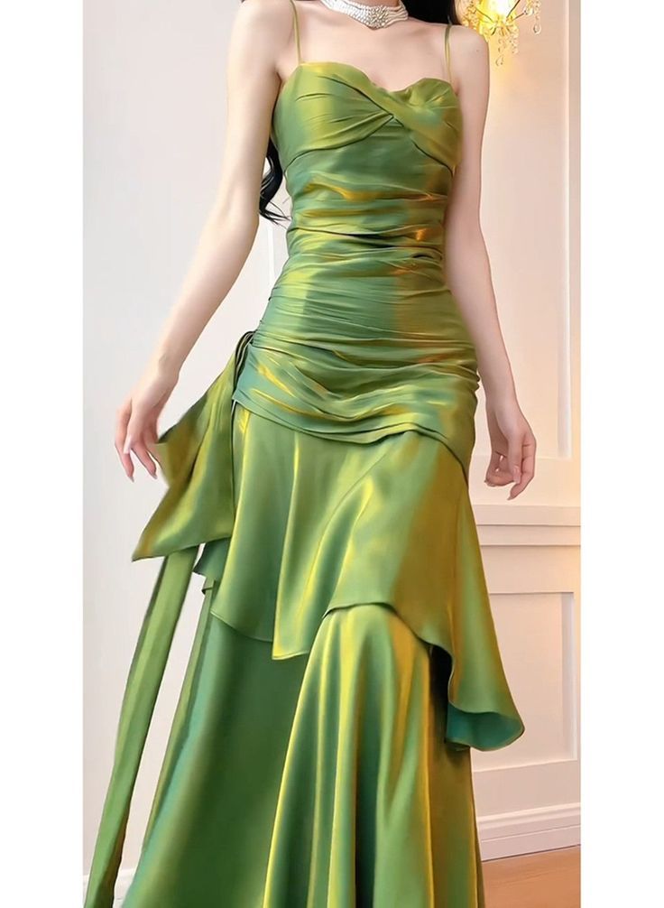 Product NO. :J4462 Dress style ：A line Fabric：Satin Color: As picture Green Elegant Dress, Party Dress Green, Green Formal Dress, Vintage Green Dress, Party Dress Formal, Green Formal Dresses, Multi Way Dress, Velvet Prom Dress, Color Rush