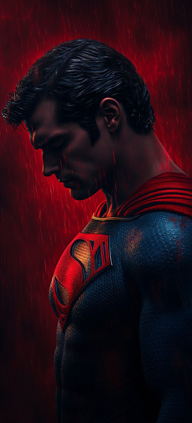 a man with a superman costume standing in the rain, looking down at his chest