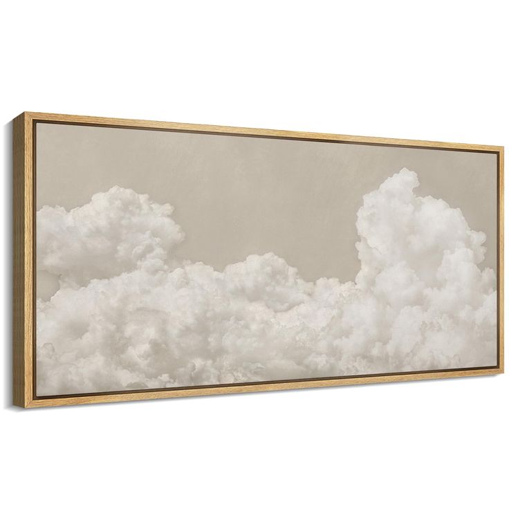 a painting with white clouds in the sky on a beige and black background framed canvas