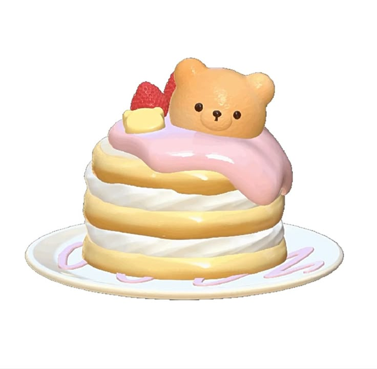 a small teddy bear sitting on top of a large stack of cake covered in frosting