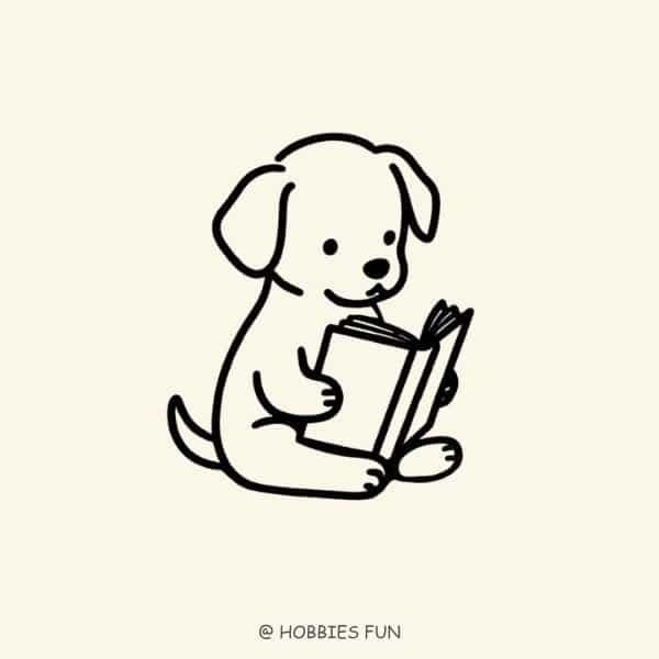 a dog is reading a book while sitting down