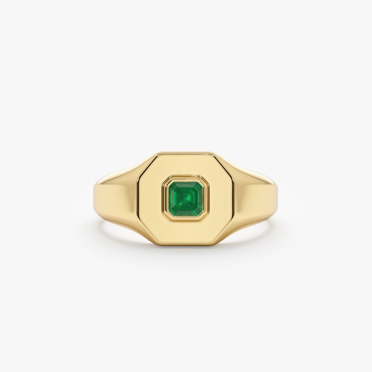 square emerald gold band Emerald Signet Ring, Memory Ring, Solid Gold Bracelet, Solid Gold Necklace, Beautiful Gift Wrapping, Initial Jewelry, Green Gems, Eternity Ring Diamond, Recycled Leather