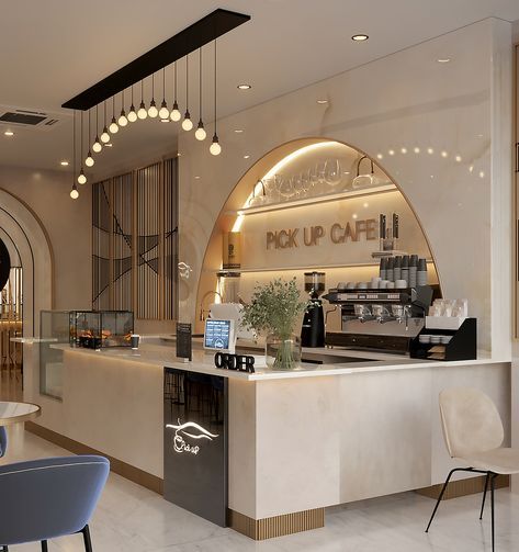 the interior of a coffee shop with chairs and tables in front of an arched window