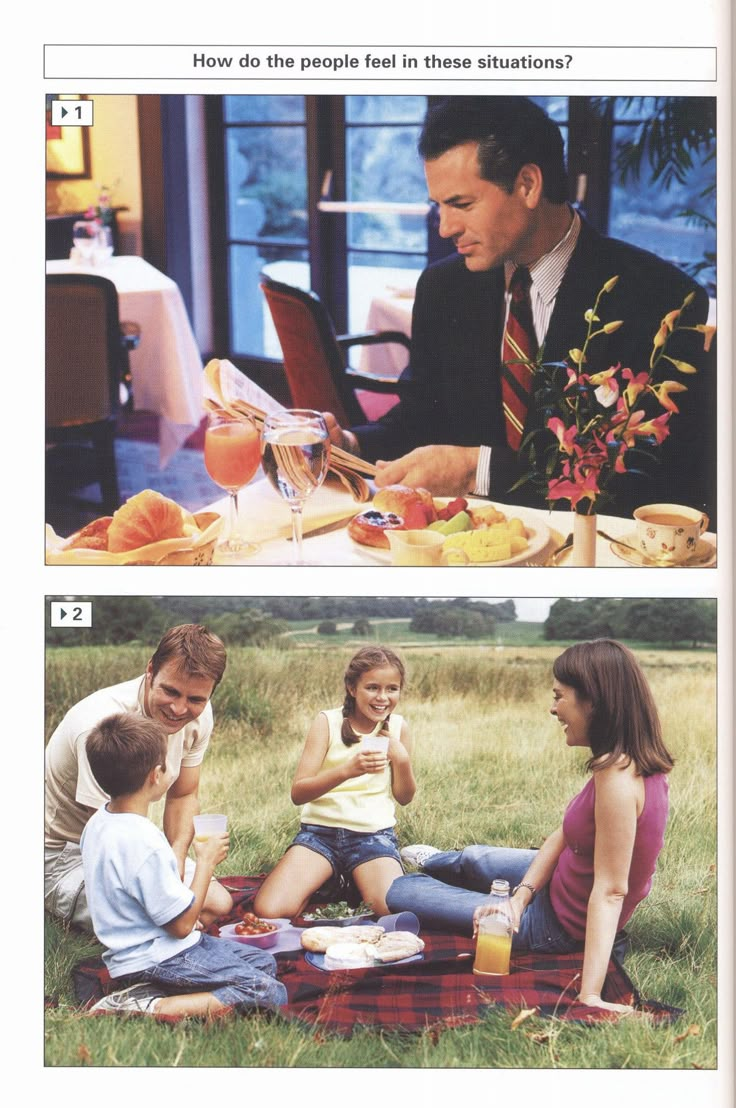 two pictures of people sitting on the grass with food and drinks in front of them